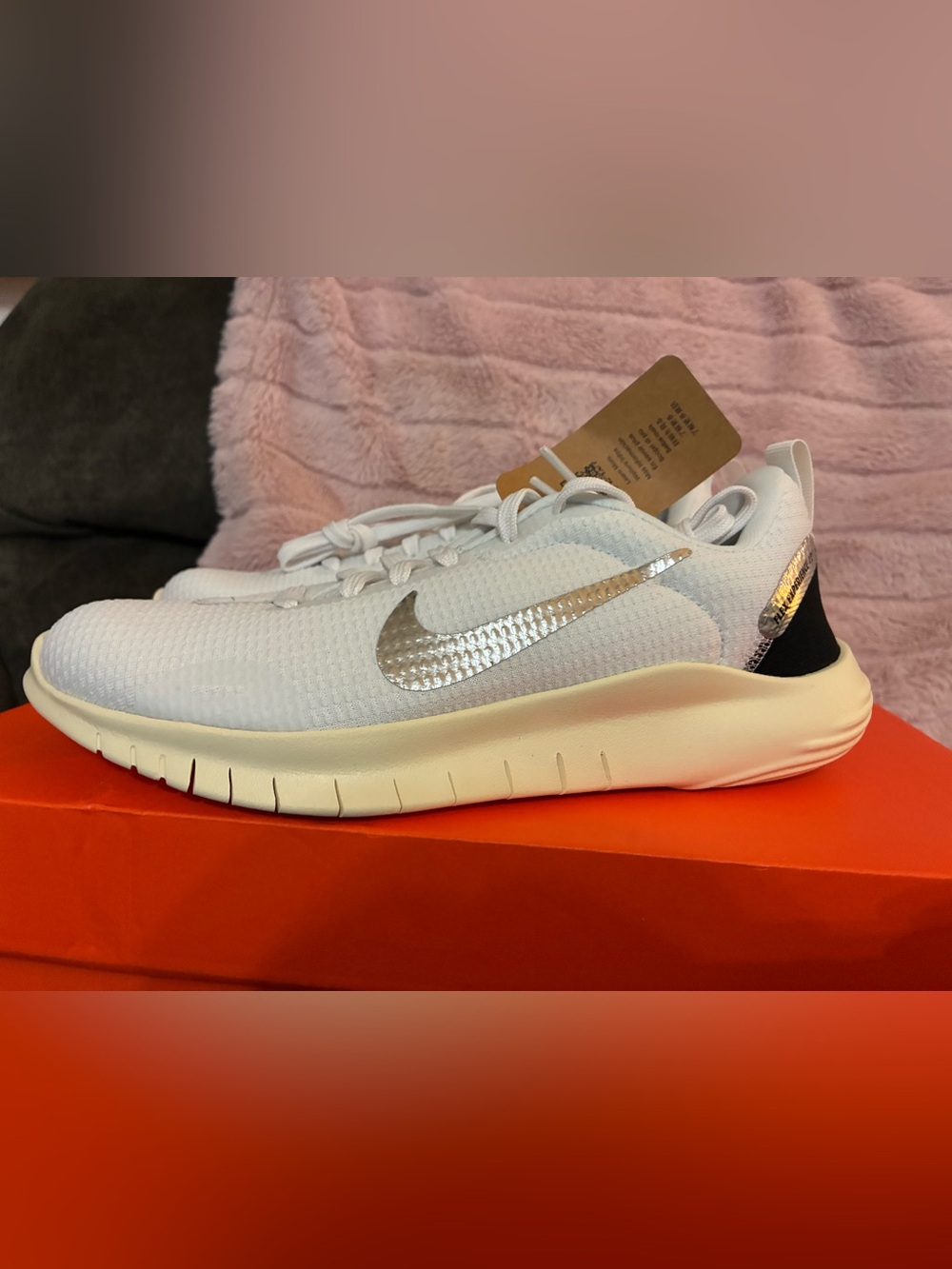 Nike Womens Flex Experience White Running Sneakers with Metallic Silver Swoosh